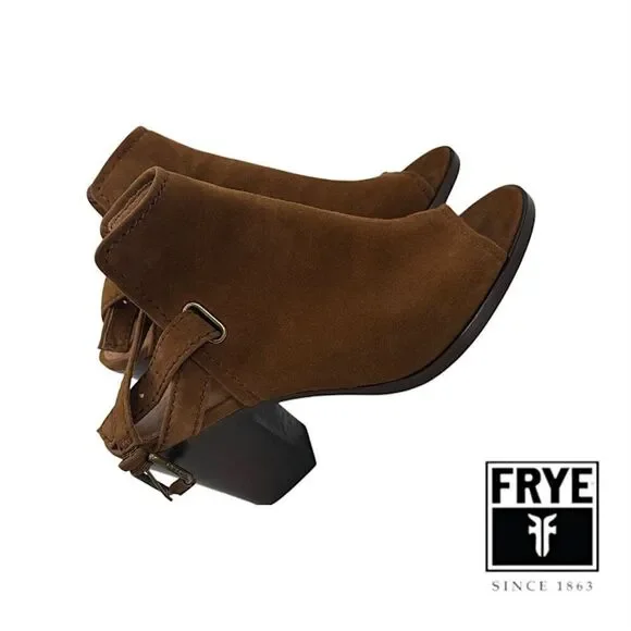 FRYE Dani Shield Slingback Mule Sandals Brown Khaki Suede Peep-Toe 7.5M EUC+ - Picture 7 of 14